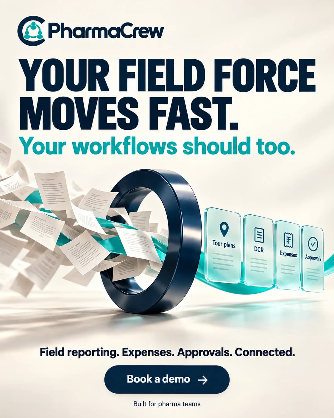 Paper forms flying into a ring and coming out as connected tour plans, DCR, expenses and approvals